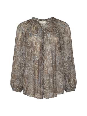 The Teagan Blouse is a brown and blue paisley print, long-sleeved, loose-fit top in crinkle poly chiffon with gathered neckline and cuffs, shown against a white background.