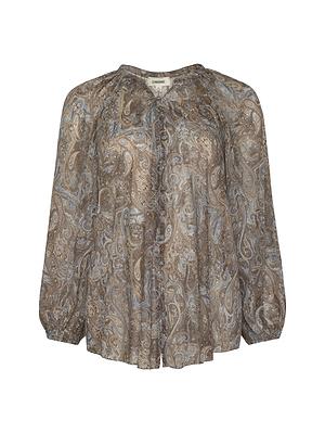 The Teagan Blouse is a brown and blue paisley print, long-sleeved, loose-fit top in crinkle poly chiffon with gathered neckline and cuffs, shown against a white background.