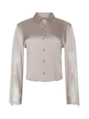 The Capri Lace Sleeve Blouse features a light taupe satin fabric, relaxed fit, classic collar, button-down front, and long lace bell sleeves for a modern bohemian look with elegant details.