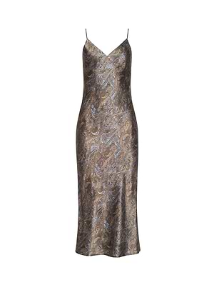 The Seridie Silk Slip Dress is a sleeveless midi with thin spaghetti straps, crafted from shiny brown and blue paisley-print silk, shown against a white background.