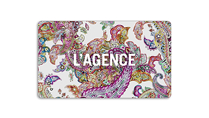 The L'AGENCE Gift Card features a vibrant paisley design on white with 