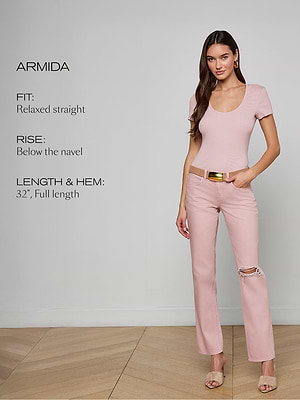 Woman wearing a pink outfit with text detailing fit, rise, length, and hem on a white background.