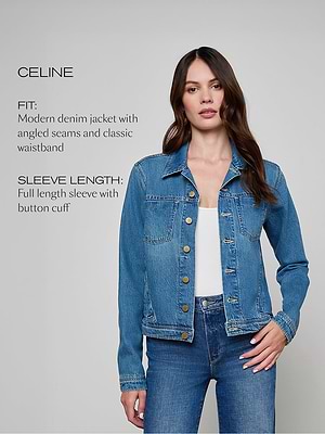 Woman wearing a Celine denim jacket on a gray background