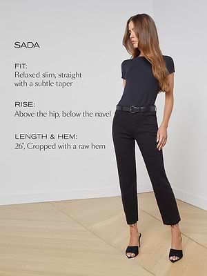 A woman stands in a minimal room wearing a black fitted t-shirt and cropped black jeans with a raw hem. Text beside her describes the jeans fit, rise, and length details.