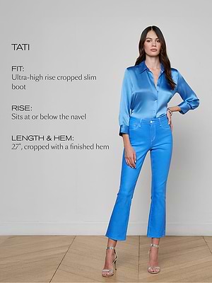 Woman wearing a blue outfit with text describing the fit, rise, and length of the pants.