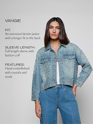Woman wearing a blue denim jacket with text describing the product features on a gray background