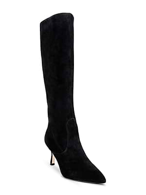The L'AGENCE Marya Knee-High Boot is a chic black suede boot with a pointed toe and slender mid heel, featuring a memory foam insole for comfort, displayed against a white background.