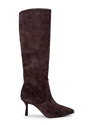 The L'AGENCE Marya Knee-High Boot, a single tall dark brown suede style with a pointed toe and slim mid-heel, is shown against a white background. Designed for comfort, it includes a supportive memory foam insole.