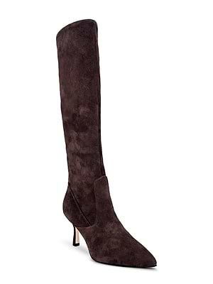 The L'AGENCE Marya Knee-High Boot is a single pointed-toe, dark brown suede boot with a slim mid heel, shown on a white background. It features a memory foam insole for enhanced comfort.