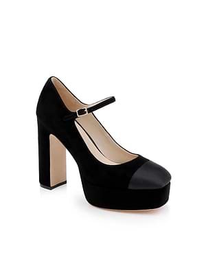 The Lilles Platform Pump is a black suede Mary Jane with a rounded black leather toe cap, chunky high heel, and slim buckle strap—bringing a chic update to classic pumps. Displayed on a white background.