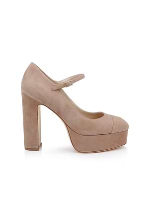 The Lilles Platform Pump is a cappuccino suede Mary Jane with a chunky heel, thin strap, and elegant square toe, shown against a white background.