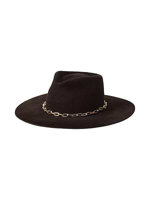The Umbra Hat by L'AGENCE is a handcrafted, wide-brimmed dark brown felt hat featuring a gold chain accent at the crown, shown on a white background.
