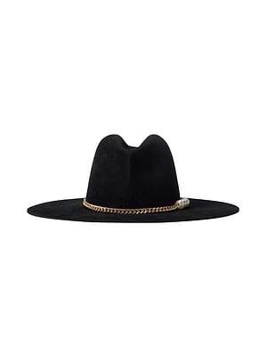 The Allende Hat is a black felt cowboy hat with a wide brim and gold chain band at the crown, accented by a small metallic detail for modern style and classic Western flair.